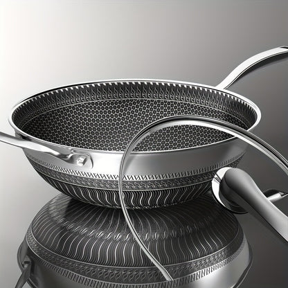 Non-Stick Wok with Lid 13.3 Inch Stainless Steel Honeycomb Coating, Stir Fry Pan with 2 Cookware Accessories, Works on Gas Induction Electric Ceramic Stovetop, Home Kitchen Cooking Pan