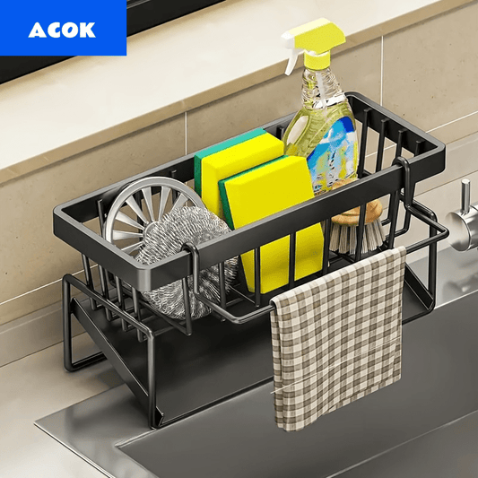 Sink Sponge Holder Drain Rack with Dishcloth Holder & Soap Dispenser Caddy, Kitchen Sink Organizer for Sponge Brush Mop Scrubber, Black Plastic Countertop Storage Rack
