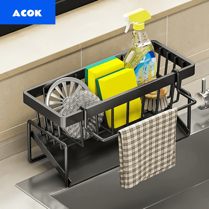 Sink Sponge Holder Drain Rack with Dishcloth Holder & Soap Dispenser Caddy, Kitchen Sink Organizer for Sponge Brush Mop Scrubber, Black Plastic Countertop Storage Rack