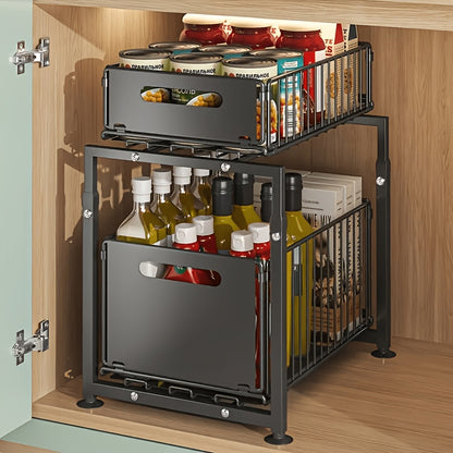 Under Sink Organizer 2-Tier Pull Out Cabinet Shelf with Adjustable Height, Sturdy Carbon Steel Under Sink Storage Rack for Kitchen Bathroom Pantry Cabinet Organization, Space Saving Sliding Drawer