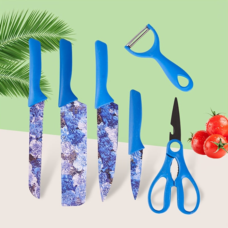 Floral Kitchen Knife Set 6 Piece Jasmine Pattern – High Carbon Stainless Steel Sharp Chef Knife, Meat Cleaver, Bread Knife, Scissors & Peeler, Ergonomic Handle, Cooking Gift for Women & Men