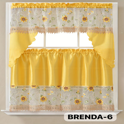 Kitchen Curtains Set 3 Piece with Embroidery – Satin Fabric Valance and Tier Curtains for Kitchen Windows, 49 Colors, Light Filtering, Rod Pocket, Machine Washable