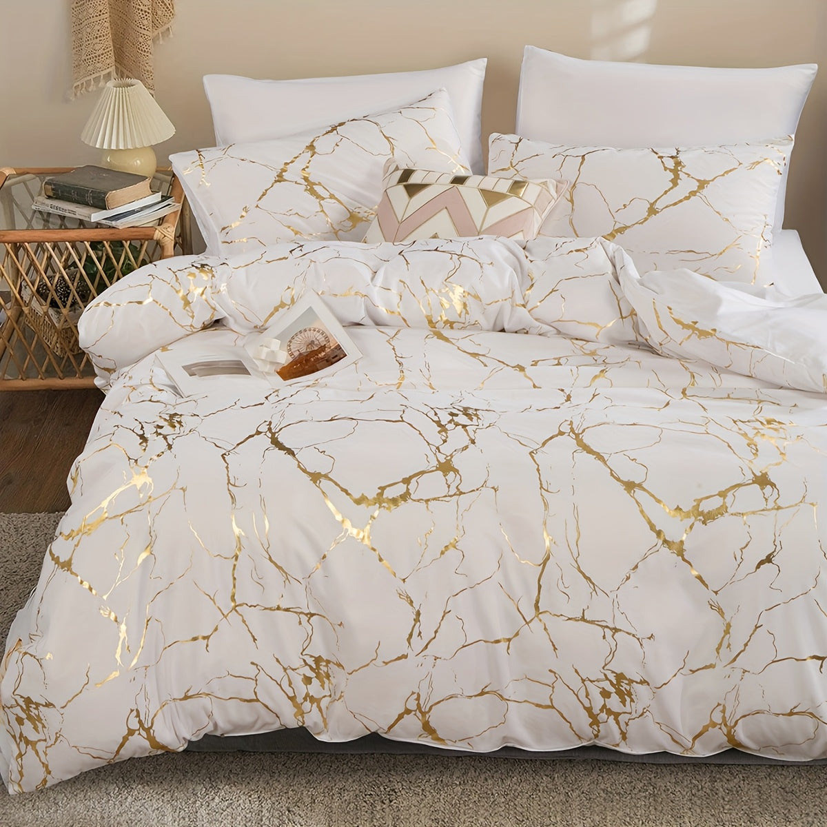 Duvet Cover Set 3-Piece Bronzing Texture | Super Soft Breathable Bedding Set with 2 Pillowcases, Twin Full Queen King, All-Season Bedroom Dormitory Comforter Cover, White Khaki Black