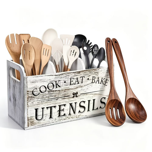 Rustic Wooden Kitchen Utensil Holder 3-Compartment Countertop or Wall Mount Organizer - Wood Utensil Caddy for Cooking Dining Baking Tools Spatulas Spoons Knives Black White