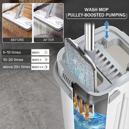 Hands-Free Flat Mop and Bucket Set with 5 Microfiber Pads – Self-Wringing Floor Mop for Hardwood, Tile & Laminate, Bedroom Kitchen Bathroom Living Room Cleaning Kit