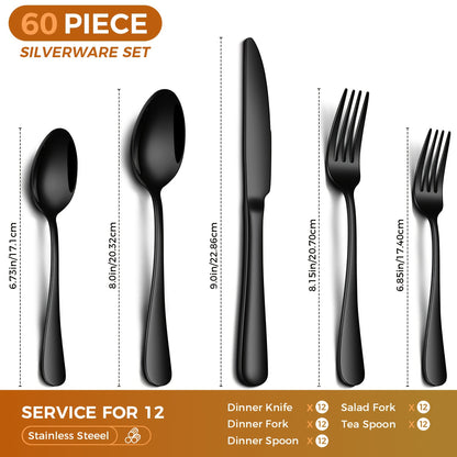 Black Silverware Set 60 Piece Stainless Steel Flatware Set Service for 12 Mirror Polished Cutlery Set Dishwasher Safe Tableware Utensils Knives Forks Spoons for Home Kitchen Restaurant Wedding