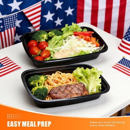 Meal Prep Containers with Lids 28oz Bulk Set - Stackable Leakproof Food Storage Containers, Reusable Bento Lunch Box, Microwave Dishwasher Freezer Safe for Meal Prep, Takeout & Catering, Black Rectangular