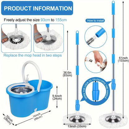 Spin Mop and Bucket Set with Wringer – 360° Spin Mop System, 3 Microfiber Replacement Heads & 61" Adjustable Handle for Floor Cleaning, Home & Holiday Cleaning