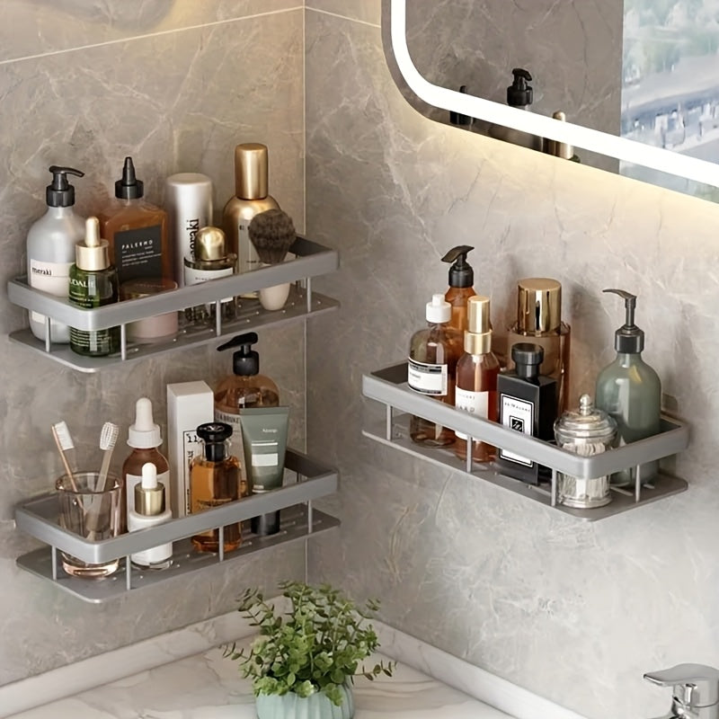 No Drill Wall Mounted Shower Caddy with Adhesive – Space Saving Bathroom Shelf Organizer for Shampoo Lotion Cosmetics, Damage Free Tile Rack in Black or Silver, 1pc or 3pcs Set for Shower Kitchen Bathroom