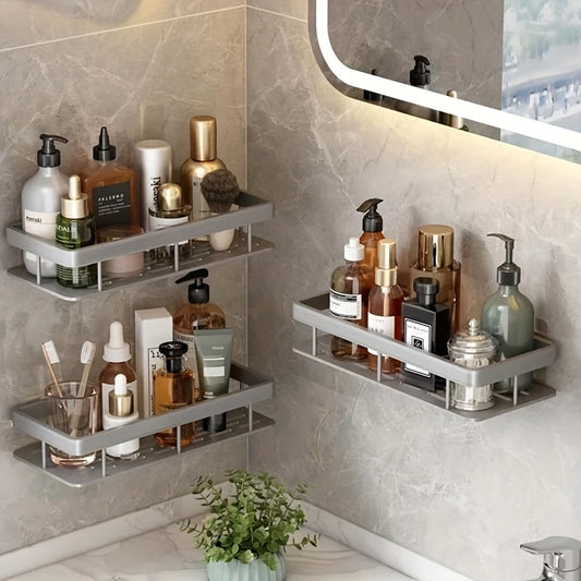 No Drill Wall Mounted Shower Caddy with Adhesive – Space Saving Bathroom Shelf Organizer for Shampoo Lotion Cosmetics, Damage Free Tile Rack in Black or Silver, 1pc or 3pcs Set for Shower Kitchen Bathroom