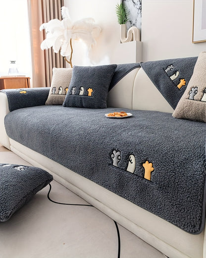 Sofa Cover Plush Shearling Non-Slip Pet-Friendly – Thick Couch Protector with Animal Bone Embroidery for 2 3 4 Seater, Soft Warm Slipcover for Living Room Bedroom Office in Dark Gray Off White Coffee Black