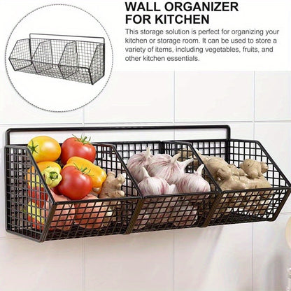 Kitchen Wall Organizer Wire Storage Shelf – No Drill Traceless Wall Rack for Garlic, Onions, Vegetables & Spices, 2 or 3 Grid Space-Saving Compact Kitchen Storage, Black