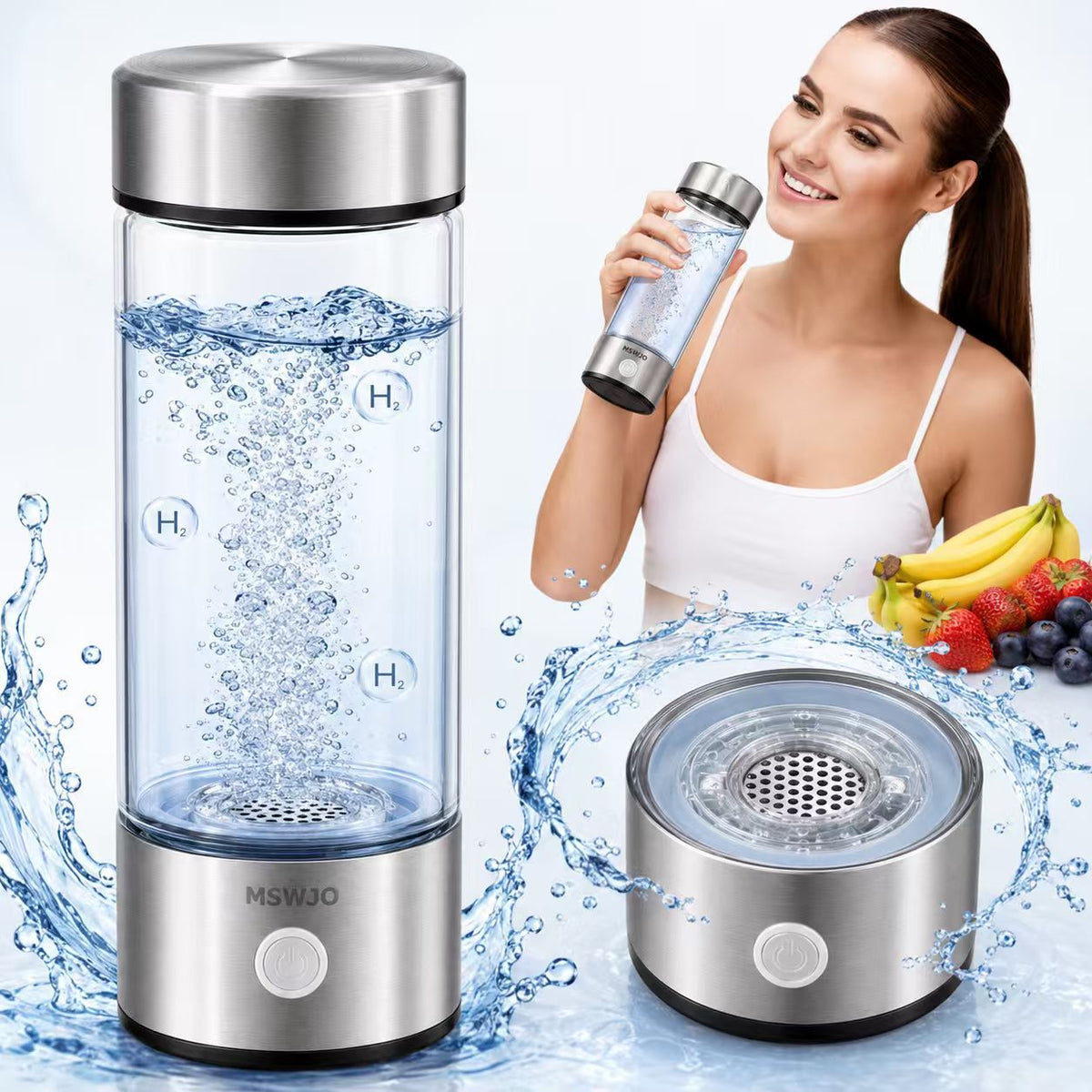 Hydrogen Water Bottle Generator 420ml SPE PEM Technology, Portable Water Ionizer Produces 1600ppb Hydrogen-Rich Water in 3 Min, Borosilicate Glass Hydro Water Machine for Office Travel Fitness