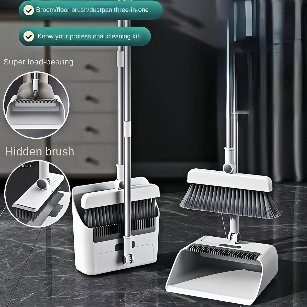 Foldable Broom and Dustpan Combo Set with Long Handle Floor Brush – 3-in-1 Collapsible Broom Dustpan Set for Home Office Dorm, Flexible Quick Dust Removal, Space-Saving Cleaning Tool Set