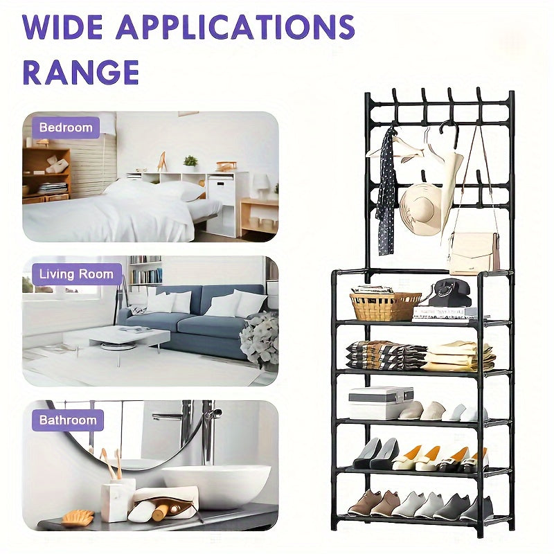 Shoe Rack Organizer with 8 Hooks Multi-Layer - Free Standing Shoe Storage Shelf for Entryway, Closet & Bedroom, Space-Saving Vertical Shoe Tower with Hat & Coat Hooks, 3 or 5 Tier Black
