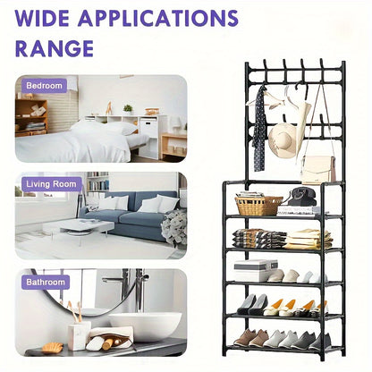 Shoe Rack Organizer with 8 Hooks Multi-Layer - Free Standing Shoe Storage Shelf for Entryway, Closet & Bedroom, Space-Saving Vertical Shoe Tower with Hat & Coat Hooks, 3 or 5 Tier Black