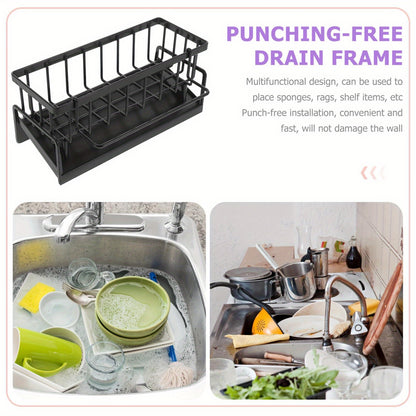 Sink Sponge Holder Kitchen Sink Organizer with Self-Draining Tray – Countertop Storage Rack for Dish Brush, Soap Dispenser & Sponge – Black Kitchen Sink Caddy for Home Organization