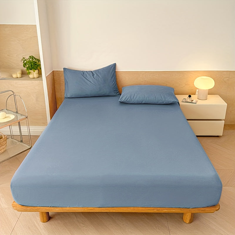 Soft Fitted Bed Sheet Set 3-Piece with 2 Pillowcases – Solid Color Layered Fitted Sheet for Bedroom Guest Room Hotel Mattress Protection