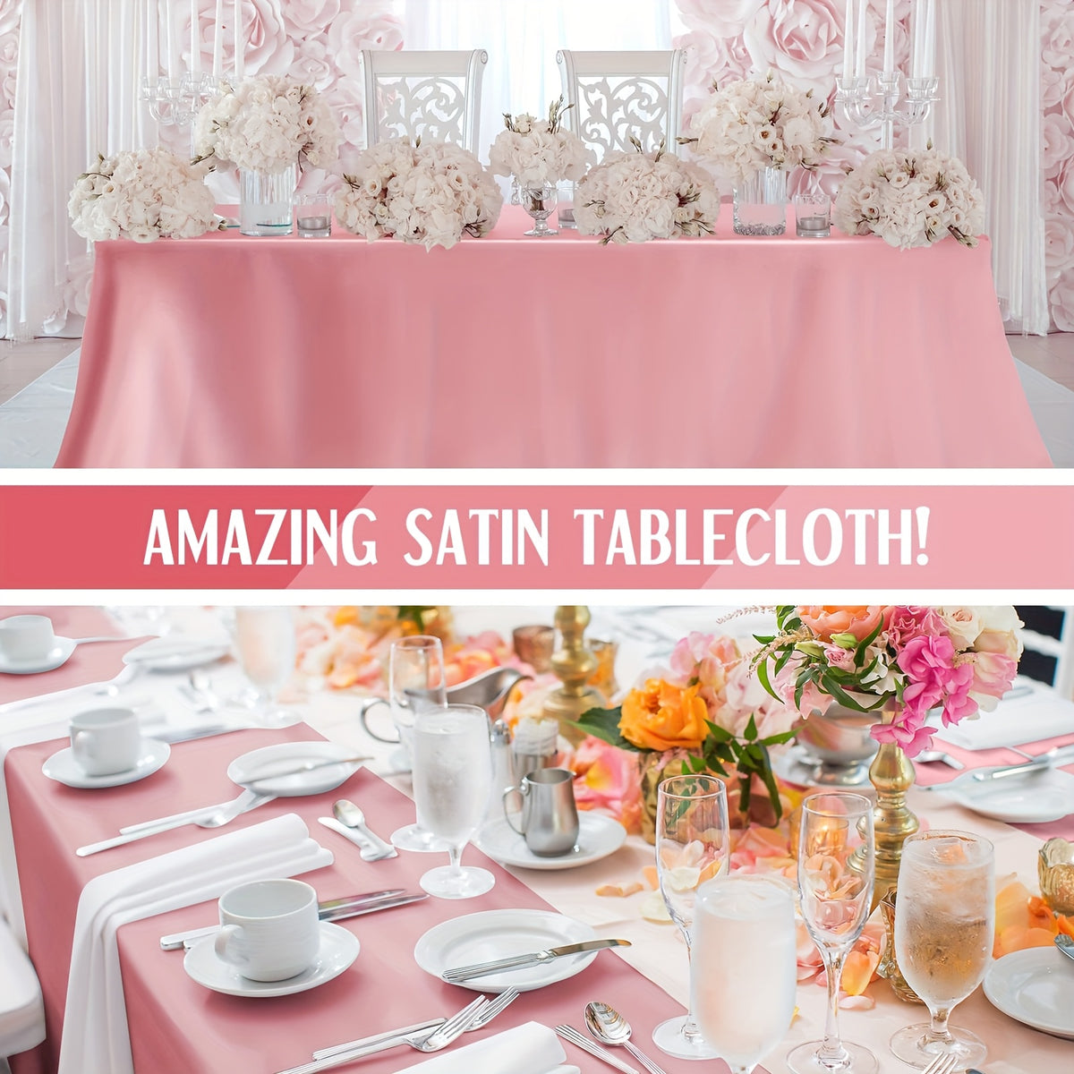 Satin Tablecloth 2-Pack 57x102 Inch Rectangular Smooth Fabric Table Cover - Elegant Tabletop Decoration for Wedding Banquet Birthday Party Outdoor Events - Polychrome Champagne Black Dark Green Rose Gold