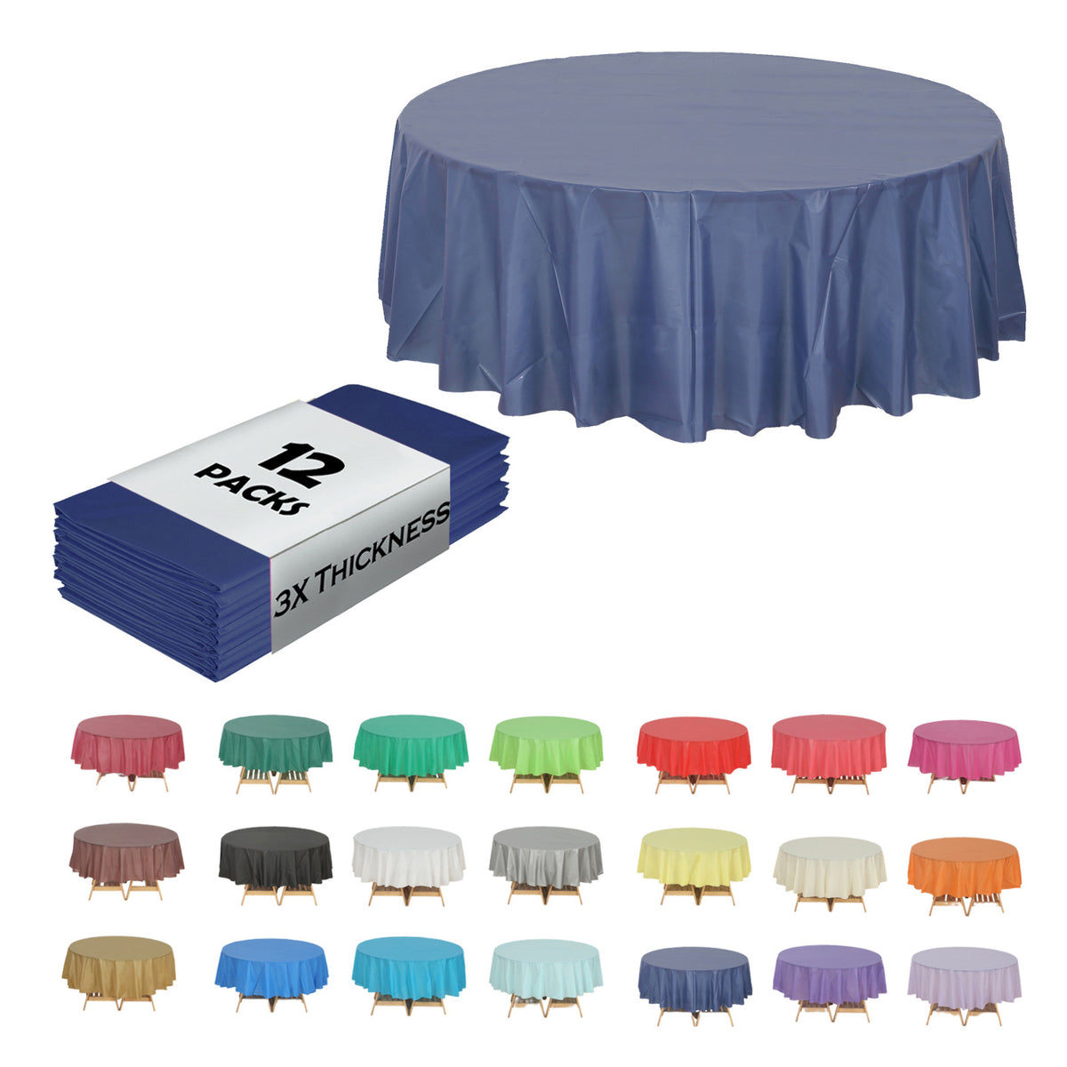 Disposable Plastic Tablecloth 12-Pack – Heavy Duty Table Cover for Parties, 84" Round & 54"x108" Rectangle, 22 Colors for Kitchen Dining Outdoor Events