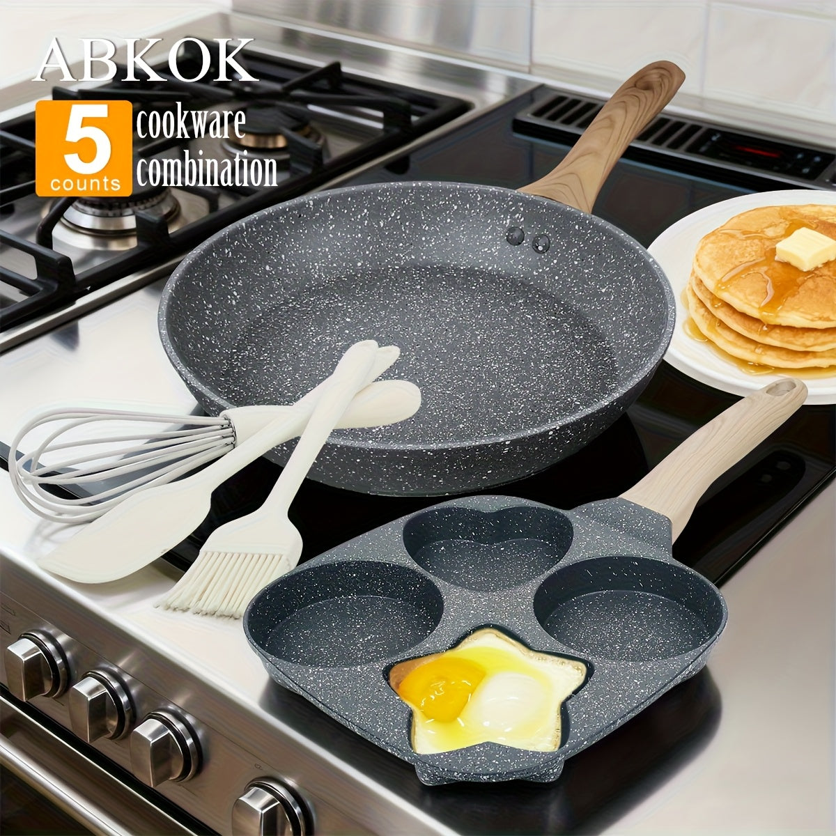 Non-Stick Breakfast Skillet Set – 4-Hole Egg Pan & 5-Piece Cookware Set with Heat-Resistant Wooden Handle for Eggs, Burgers & Omelettes, Easy Clean, Perfect for Home Kitchen Cooking