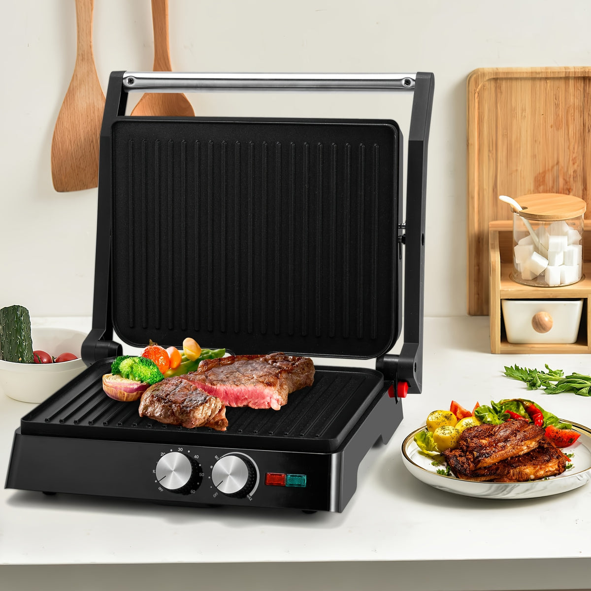 3-in-1 Electric Indoor Grill Panini Press Sandwich Maker with Non-Stick Cooking Plates, Opens 180 Degree Flat Grill, Floating Hinge Fits All Foods, Temperature Control & Grease Tray, Compact Kitchen Appliance