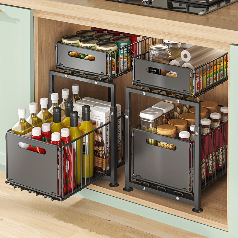 Under Sink Organizer 2-Tier Pull Out Cabinet Shelf with Adjustable Height, Sturdy Carbon Steel Under Sink Storage Rack for Kitchen Bathroom Pantry Cabinet Organization, Space Saving Sliding Drawer
