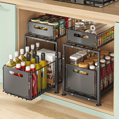 Under Sink Organizer 2-Tier Pull Out Cabinet Shelf with Adjustable Height, Sturdy Carbon Steel Under Sink Storage Rack for Kitchen Bathroom Pantry Cabinet Organization, Space Saving Sliding Drawer