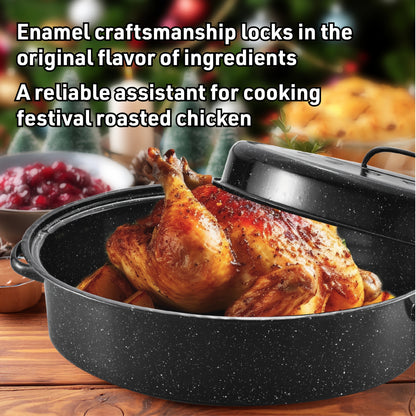 Granite Enamel Roasting Pan with Lid, Nonstick Carbon Steel Turkey Roaster for Oven, Large Bakeware for Chicken Roasting Soup Stew, Available in 13 and 16 Inch in Red Black and Blue