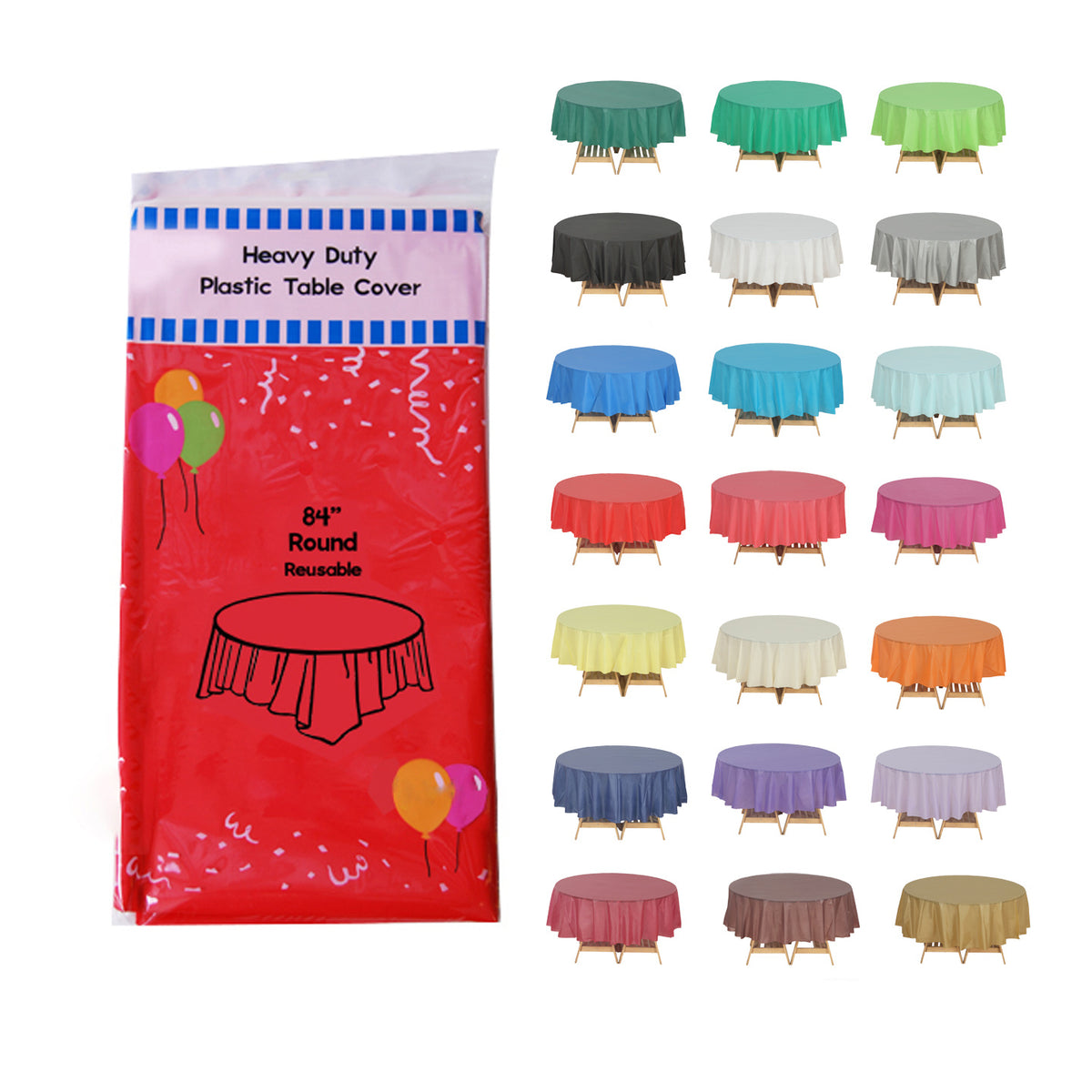 Disposable Plastic Tablecloth 12-Pack – Heavy Duty Table Cover for Parties, 84" Round & 54"x108" Rectangle, 22 Colors for Kitchen Dining Outdoor Events