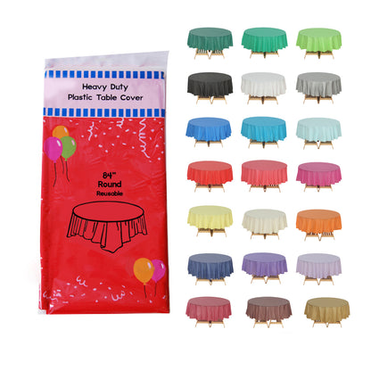 Disposable Plastic Tablecloth 12-Pack – Heavy Duty Table Cover for Parties, 84" Round & 54"x108" Rectangle, 22 Colors for Kitchen Dining Outdoor Events