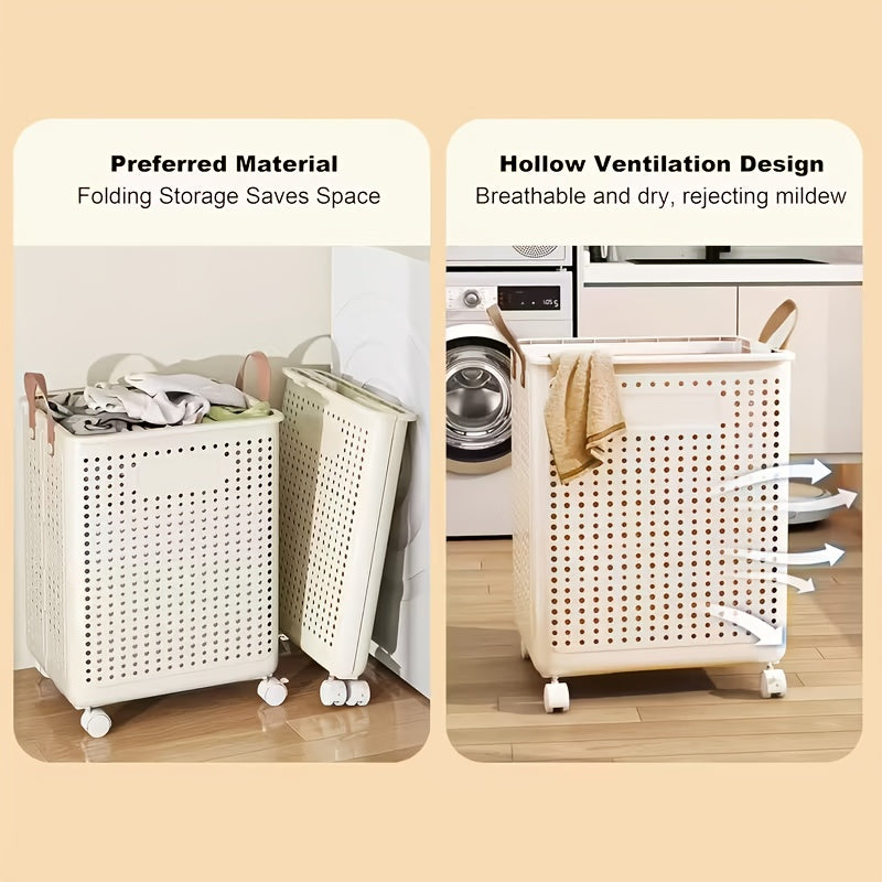 Foldable Laundry Basket with Wheels Large Capacity – Plastic Collapsible Wheeled Hamper for Bathroom, Balcony & Small Apartment, Portable Rolling Laundry Bin in Cream & White