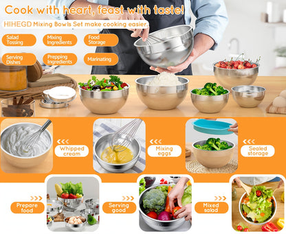 Stainless Steel Mixing Bowls Set with Airtight Lids 30 Piece, 7 Nesting Bowls with Lids and Grater Attachments 23 Kitchen Tools, Dishwasher Safe Mixing Bowl Set for Baking Cooking Serving