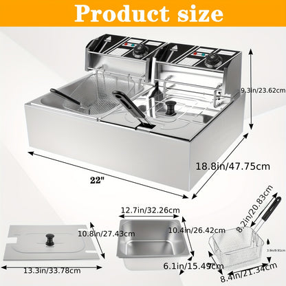 Commercial Electric Deep Fryer Dual Basket 3.17 Gal 5000W High Power Adjustable Temperature 140-392°F Rotating Fryer Heads - Restaurant Grade Home Kitchen Countertop Oil Fryer