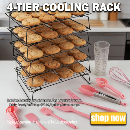 Collapsible Baking Cooling Rack 3 or 4 Tier – Stackable Metal Wire Rack for Baking Trays with Adjustable Settings, Baking Tools Set & Camping Grill for Cooking, Cooling & Cake Drying