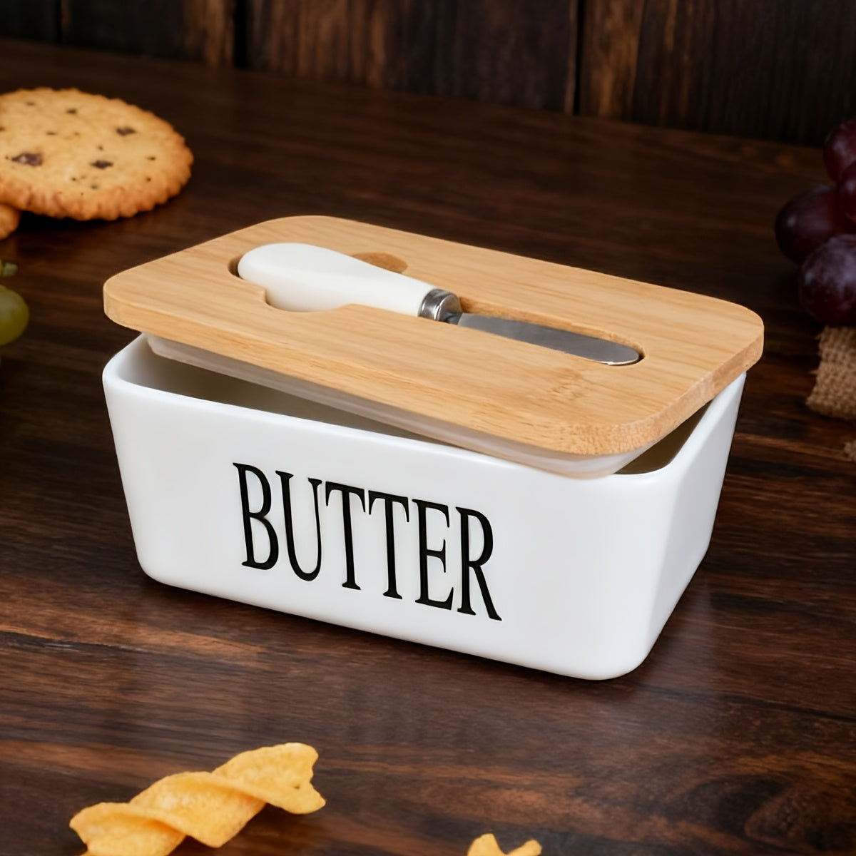 Ceramic Butter Dish with Lid and Knife - Large Capacity Countertop Butter Keeper Airtight Seal Easy Clean, 12 Colors Yellow Blue Grey Pink Black Orange, Kitchen Gift