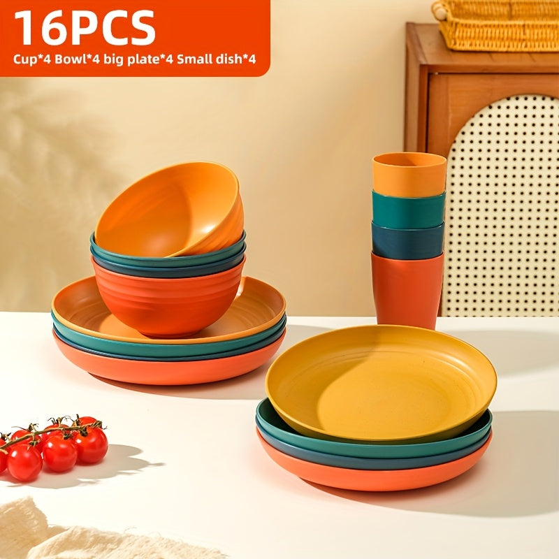 Wheat Straw Dinnerware Set 16/32 Piece, Unbreakable Plastic Plates Bowls Cups for Camping Outdoor Picnic, BPA-Free Lightweight Tableware for 4/8 People, Dishwasher Safe Kitchen Dining Set Black Colorful