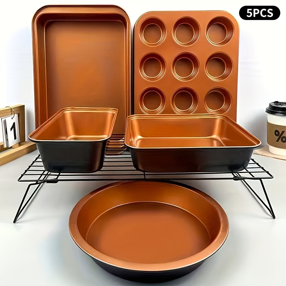 Non-Stick Bakeware Set with Cooling Rack – Round & Square Cake Pan, Bread Pan, Muffin Pan & Roasting Pan, Dishwasher Safe Oven-Safe Baking Pan Set for Home Baking