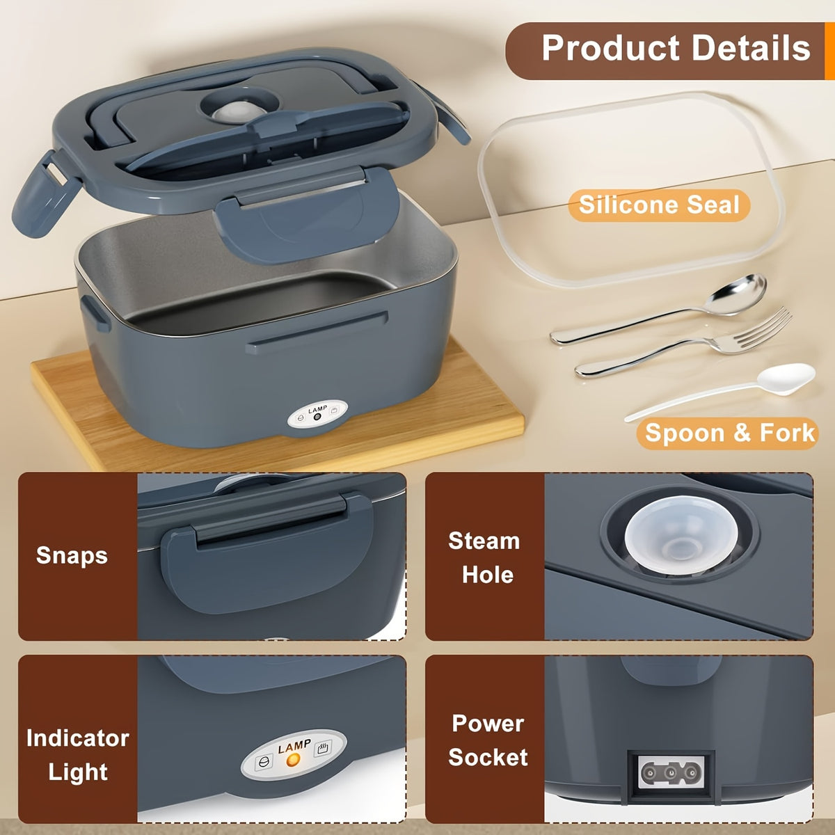 Electric Lunch Box Food Warmer 50.72oz - Portable Heated Meal Container 120V Home & 12V 24V Car, Stainless Steel Inner, Leak-Proof, Fork & Insulated Bag Included, Truck Drivers Office Travel Camping