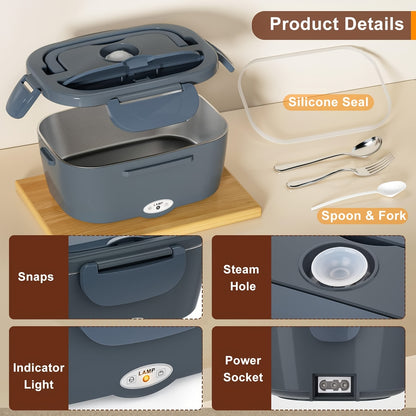 Electric Lunch Box Food Warmer 50.72oz - Portable Heated Meal Container 120V Home & 12V 24V Car, Stainless Steel Inner, Leak-Proof, Fork & Insulated Bag Included, Truck Drivers Office Travel Camping