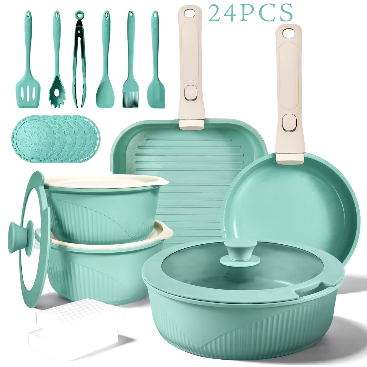 Non-Stick Cookware Set with Removable Handles, 5 7 24 Piece Induction Ready Pots and Pans Set, Stackable Space Saving Kitchen Set with Skillet Frying Pan Soup Pot Steak Pan, Easy to Clean, Multiple Colors