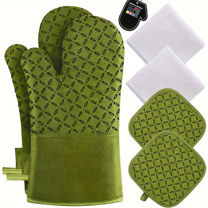 Oven Mitts and Pot Holders Set 6 Piece Heat Resistant Kitchen Gloves with Non-Slip Surface for Cooking Baking BBQ Grilling Multiple Colors Gray Black Green Blue Red Pink