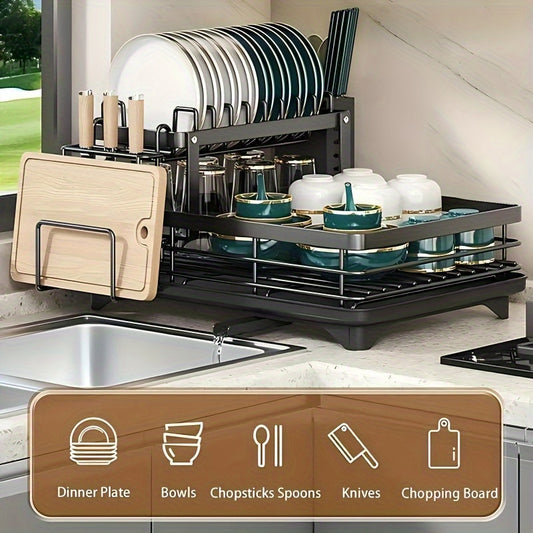 Dish Drying Rack 2-Tier for Kitchen Counter – Dish Rack with Drainboard & Mat, Knife Holder, Fork & Cup Rack, Large Capacity Dish Drainer for Pots, Pans & Utensils, Space-Saving Kitchen Organizer
