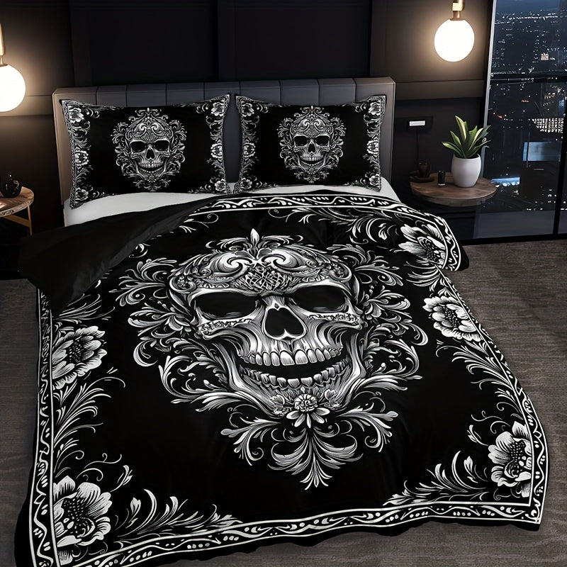 Skull Duvet Cover Set Queen King Twin Full – Gothic Victorian Baroque Black White Halloween Bedding 3-Piece Set with 2 Pillowcases, High Definition Print, Soft Microfiber