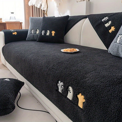 Sofa Cover Plush Shearling Non-Slip Pet-Friendly – Thick Couch Protector with Animal Bone Embroidery for 2 3 4 Seater, Soft Warm Slipcover for Living Room Bedroom Office in Dark Gray Off White Coffee Black
