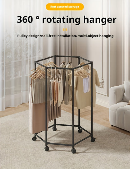 Rotating Clothes Rack Hexagonal – Freestanding 360° Rotary Vertical Clothing Hanging Rack for Laundry Room Bedroom, Space Saving Garment Organizer for Small Apartment, Black or White with Optional Mesh Bag