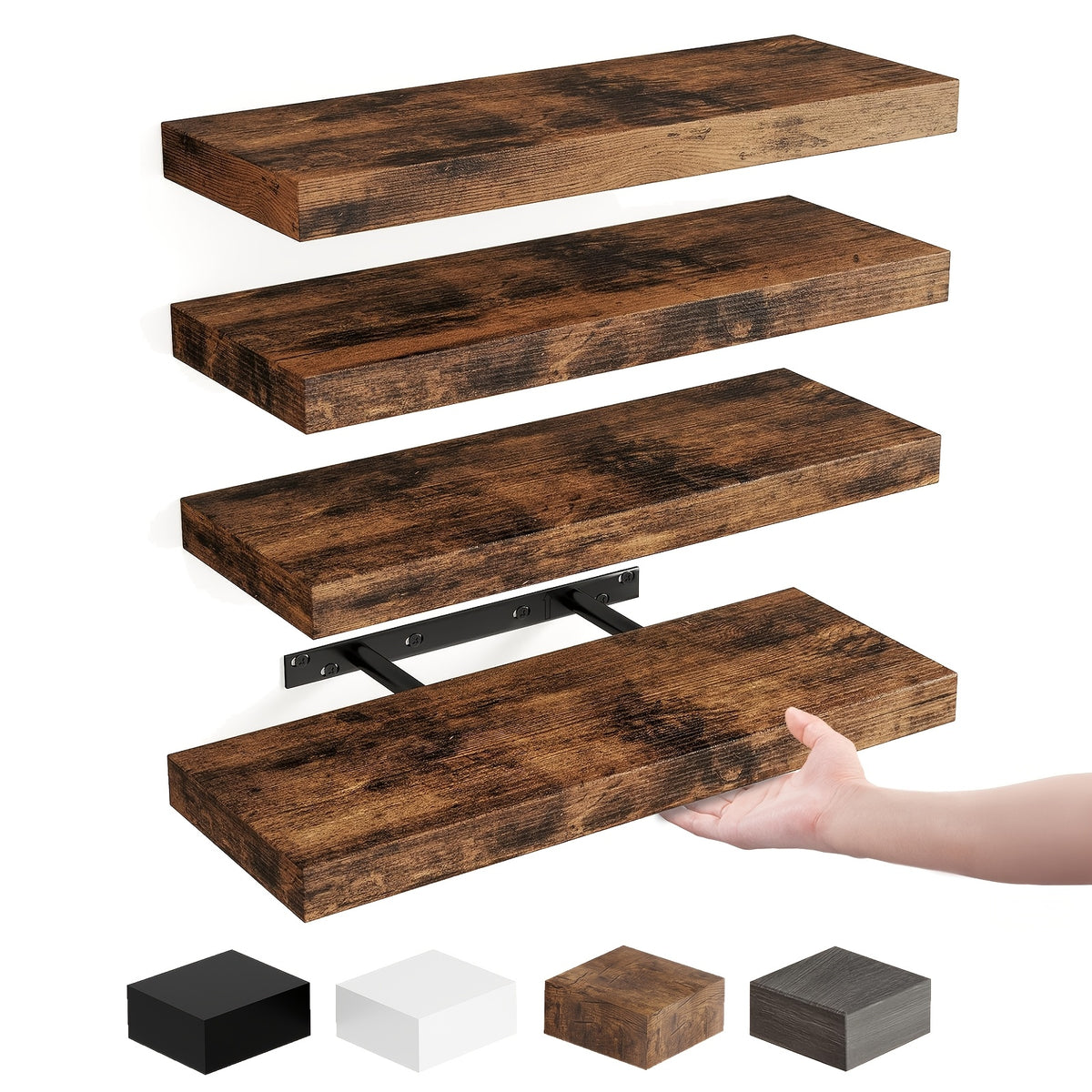 Rustic Floating Shelves 15.8 Inch 4 or 8 Pack – Wall Mounted Wood Shelf with Invisible Brackets for Home Decor Living Room Bedroom Bathroom Kitchen Brown Black White Gray
