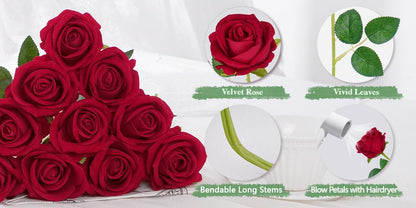 Artificial Roses Bulk with Long Stems Real Touch Velvet Fake Rose Flowers for Wedding Centerpieces, Bridal Bouquet, Valentine's Day, Mother's Day & Home Decor – 50 or 100 Pcs (Red, White, Pink, Black, Blue)