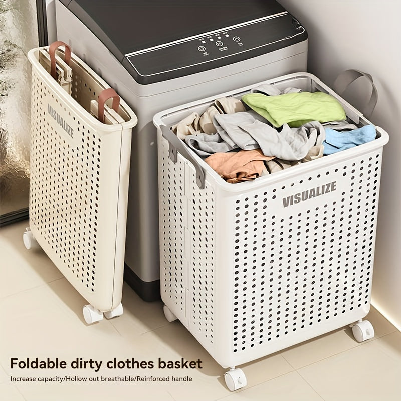 Laundry Basket with Wheels Extra Large Foldable - Breathable Rolling Laundry Hamper with Faux Leather Handles, Collapsible Space-Saving Clothes Storage Bin for Bathroom, Bedroom & Dorm, White Cream