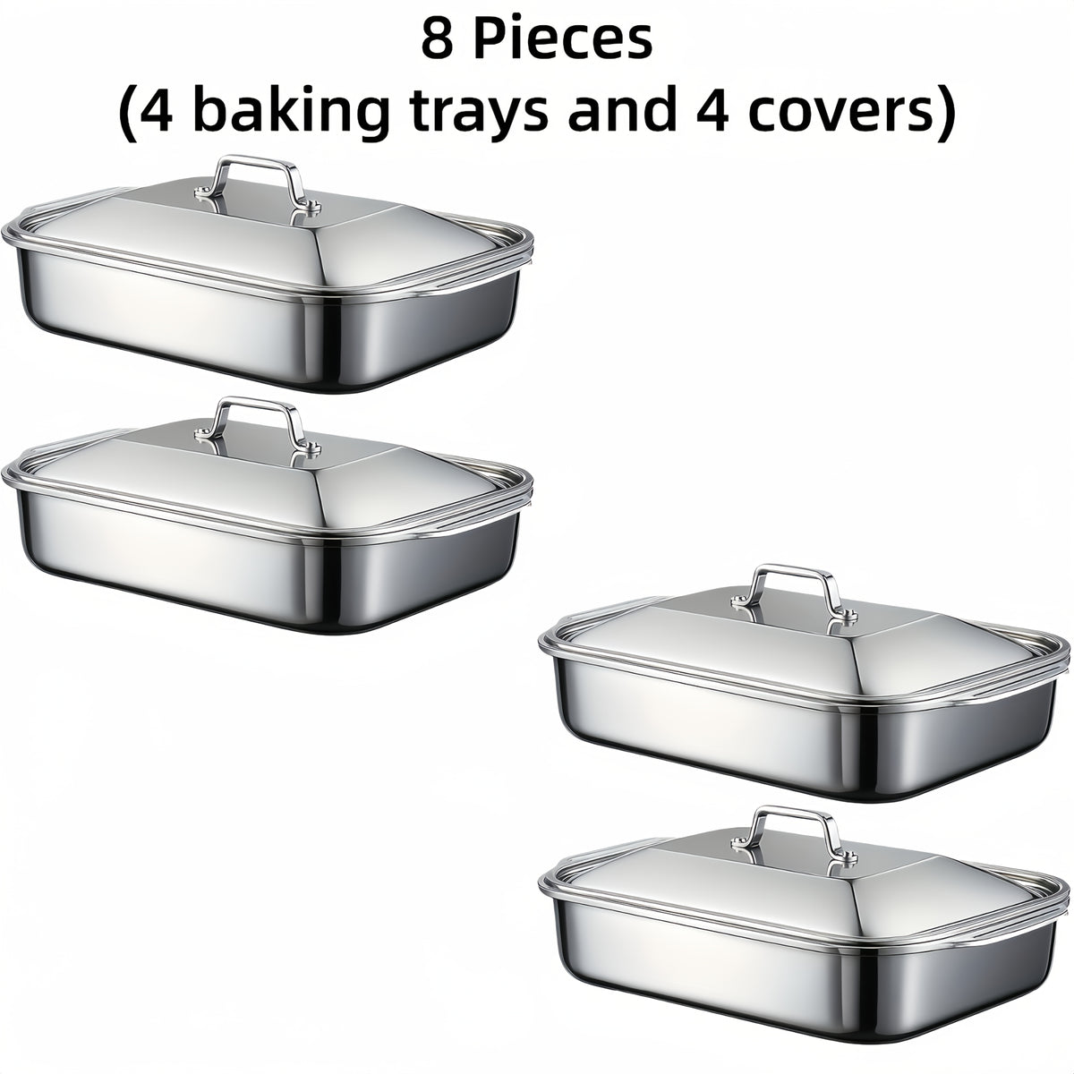 Stainless Steel Baking Pans with Lids – Extra Large Non-Stick Rectangular Oven Trays for BBQ Buffet Catering, Heavy Duty Roasting Pan Set with Grill Ridges & Handles, 2 4 6 8 Pcs